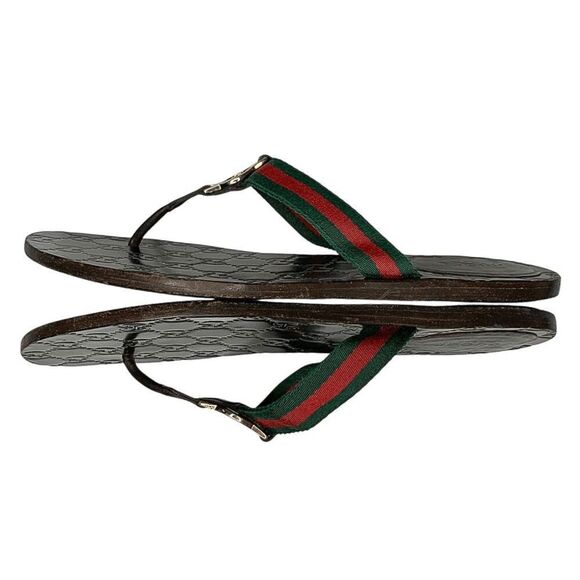 Gucci GG Web Stripe Thong Sandals EU 38.5 US 8.5 Brown Flip Flop Slide Flat Heel - Picture 3 of 13